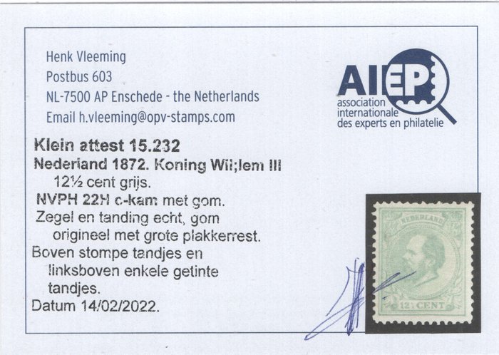 Holland 1875 - Willem III - 12 1/2 cent grå - med certifikat - NVPH 22H