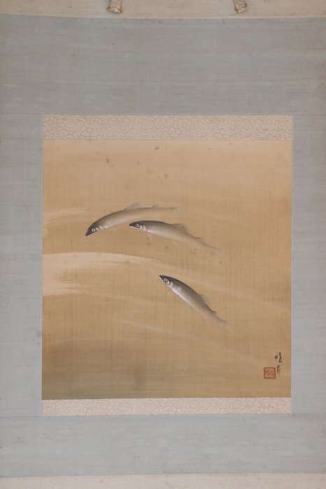 Kakejiku 掛軸 (hængende rulle) - Tre fisk, der svømmer yndefuldt - Papir - Japan - 1900-2000