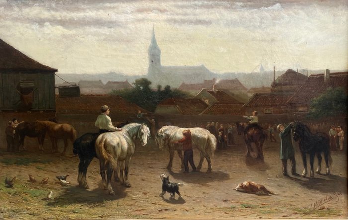 J.M Vrolijk (1845-1894) - Paardenmarkt op dorpsplein