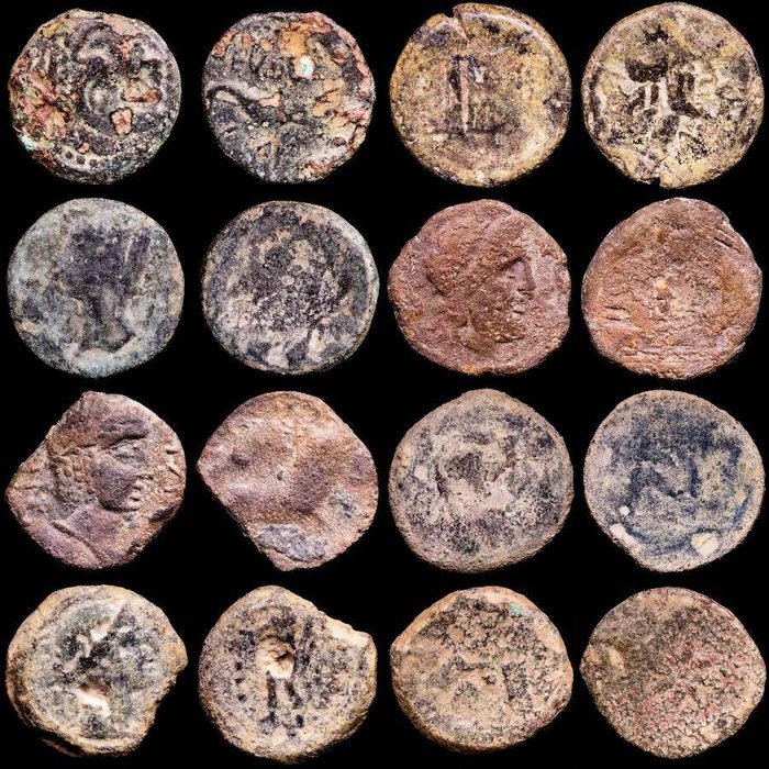 Ibero-Roman, Det gamle Hispania. Lot comprising eight (8) Bronze coins minted between II to I centuries B.C. - Asses, semis, quadrans II-I B.C. - Different mints: Corduba, Malaca, Castulo, Semis Republican....  (Ingen mindstepris)