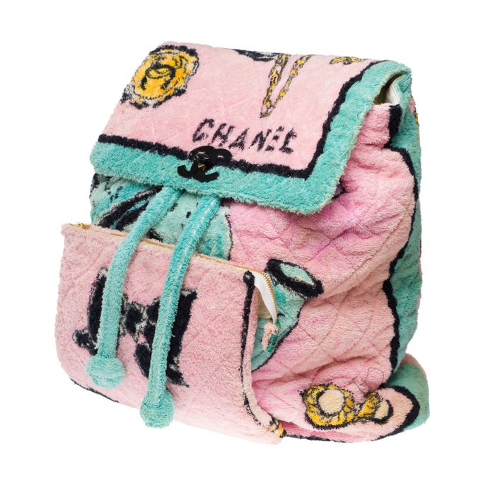 Chanel - Spring 1994 limited edition  Collector Chanel Pink and Turquoise Terry Cloth Large Backpack - Rygsæk