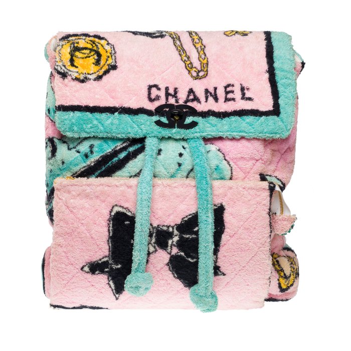 Chanel - Spring 1994 limited edition  Collector Chanel Pink and Turquoise Terry Cloth Large Backpack - Rygsæk