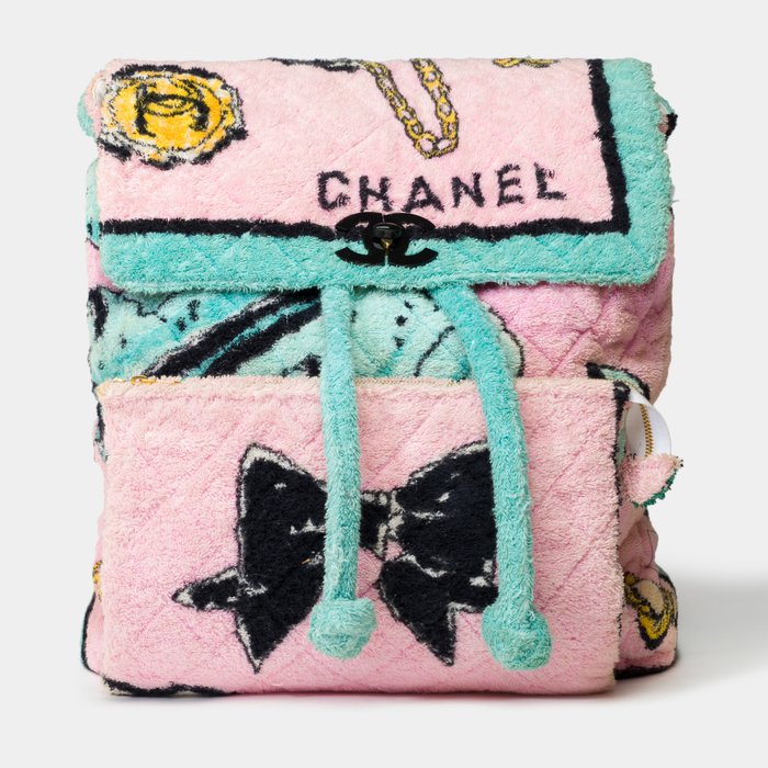 Chanel - Spring 1994 limited edition  Collector Chanel Pink and Turquoise Terry Cloth Large Backpack - Rygsæk