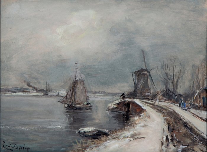 Louis Apol  (1850-1936) - Winterlandschap met molen en bootje op een kanaal