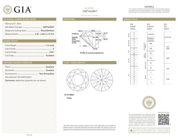 1 pcs Diamant  (Natur)  - 1.14 ct - Rund - E - VVS1 - Gemological Institute of America (GIA)