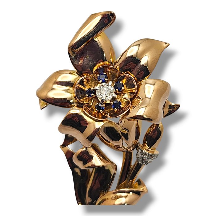 Broche - 18 kraat Gulguld, Vintage 18 karat guld safir  0,5 karat diamant stor broche 25,9 gram