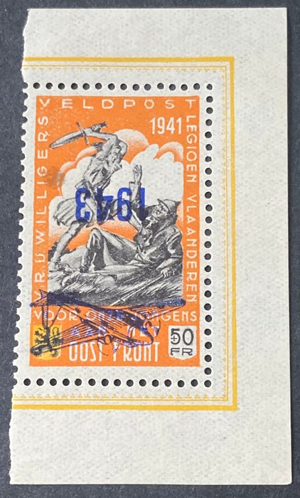 Belgien 1943 - Den flamske legion med REVERSE PRINT '1943' og flyvemaskine - OBP/COB E34-Cu met KEURSTEMPELTJE