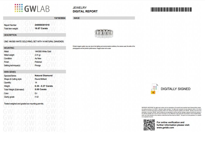 Ingen mindstepris - Alliancering - 14 karat Hvidguld -  5.08ct. tw. Diamant (Natur) - E-I FARVE