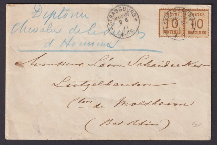 Frankrig 1870 - Brev fra Strasbourg med nr. 5 Alsace Lorraine i annulleret par. - Yvert