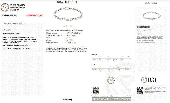 Armbånd - 14 karat Hvidguld -  4.15ct. tw. Diamant (Natur)