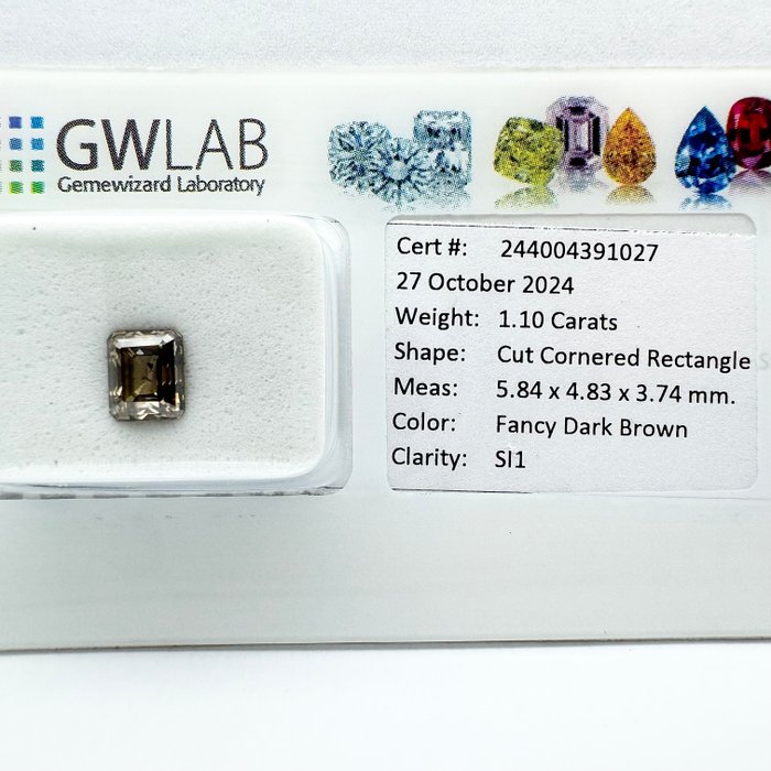 Ingen mindstepris - 1 pcs Diamant  (Naturfarvet)  - 1.10 ct - Rektangel - Fancy dark Brun - SI1 - Gemewizard Gemological Laboratory (GWLab)