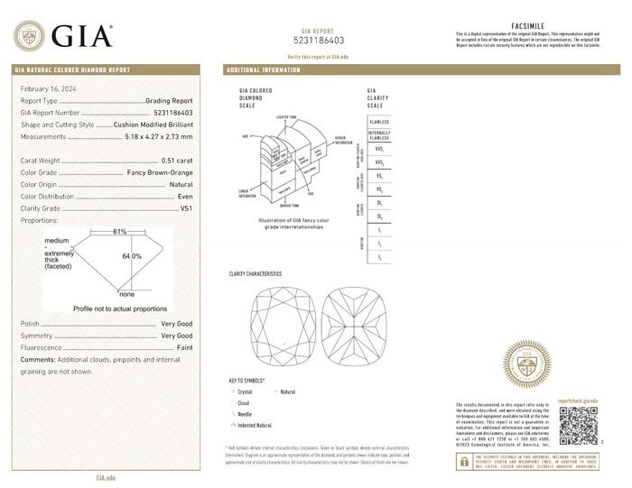 Ingen mindstepris - 1 pcs Diamant  (Naturfarvet)  - 0.51 ct - Pude - Fancy Brun Orange - VS1 - Gemological Institute of America (GIA)