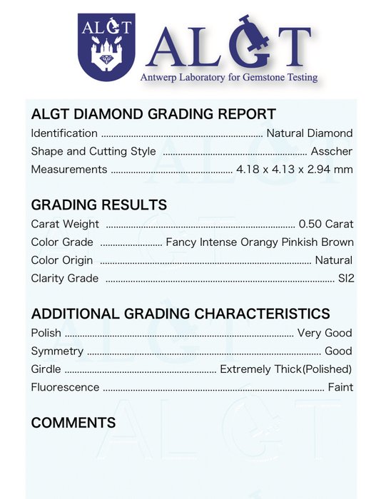 1 pcs Diamant  (Naturfarvet)  - 0.50 ct - Kvadrat - Fancy intense Orange nuance, Rosa Brun - SI2 - Antwerp Laboratory for Gemstone Testing (ALGT)