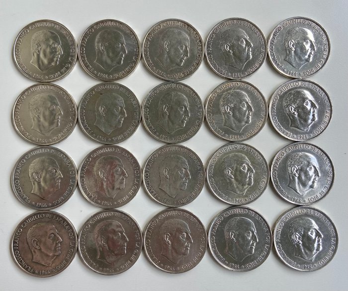 Spanien. Francisco Franco. 100 Pesetas Spain 20 Silver Coins  (Ingen mindstepris)