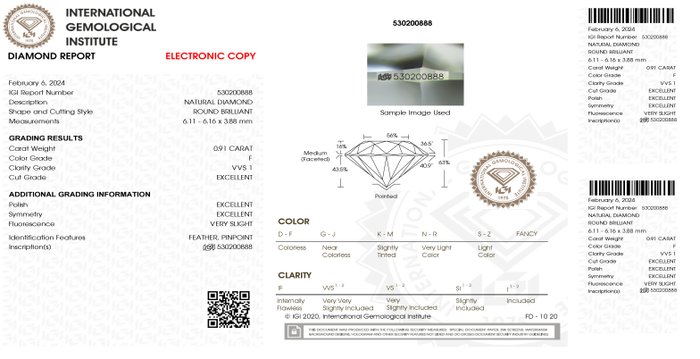 1 pcs Diamant  (Natur)  - 0.91 ct - Rund - F - VVS1 - International Gemological Institute (IGI) - *3EX*