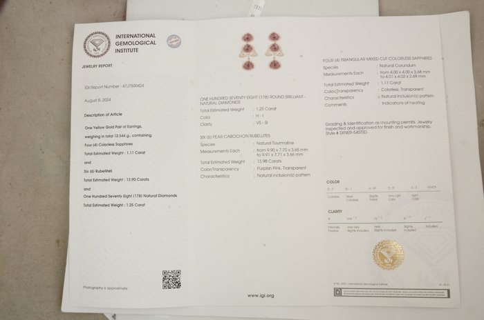 Øreringe - 14 karat Gulguld -  16.26ct. tw. Turmalin - Safir