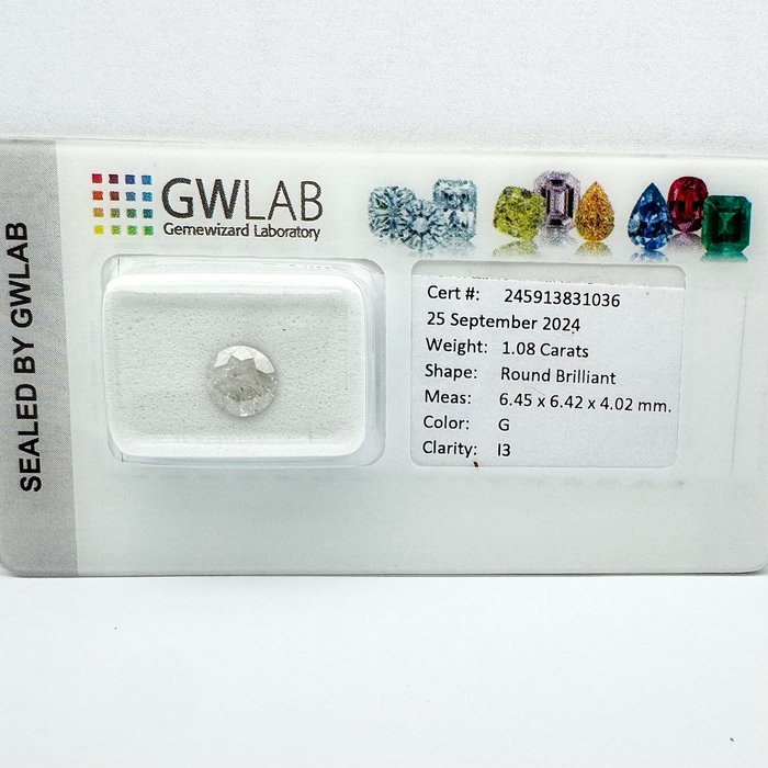 Ingen mindstepris - 1 pcs Diamant  (Natur)  - 1.08 ct - Rund - G - I3 - Gemewizard Gemological Laboratory (GWLab)