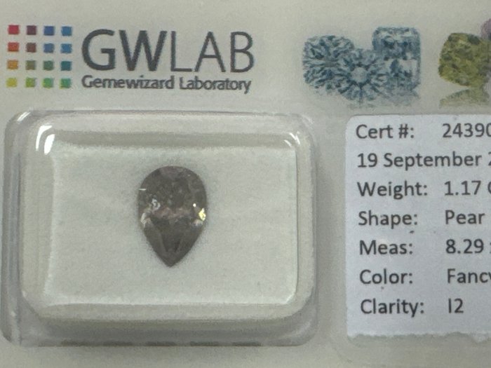 Ingen mindstepris - 1 pcs Diamant  (Naturfarvet)  - 1.17 ct - Pære - Fancy deep Grå - I2 - Gemewizard Gemological Laboratory (GWLab)