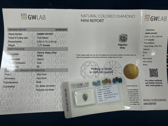 Ingen mindstepris - 1 pcs Diamant  (Naturfarvet)  - 1.17 ct - Pære - Fancy deep Grå - I2 - Gemewizard Gemological Laboratory (GWLab)