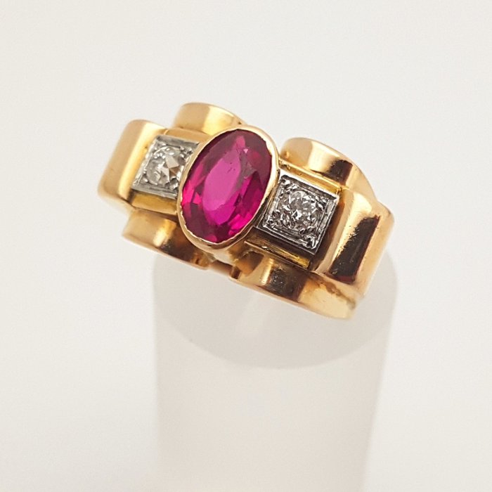 Ring - 18 kraat Hvidguld Rosaguld - Art Deco Ruby/Diamant