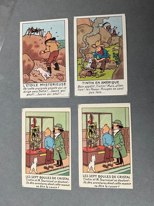 Tintin sæt med 4 reklamekromoer af Hergé i 1948 og 1950 inklusive TO omvendte blå serier