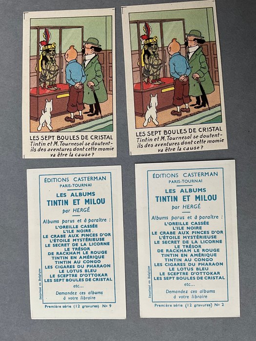 Tintin sæt med 4 reklamekromoer af Hergé i 1948 og 1950 inklusive TO omvendte blå serier