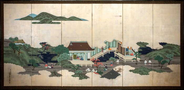 Foldeskærm - En pragtfuld sekspanels Byōbu 屏風 i bladsølv, der skildrer scener fra Tales of Genji - Japan - Edo-periode (anden halvdel af det 18.-begyndelsen af det 19. århundrede)