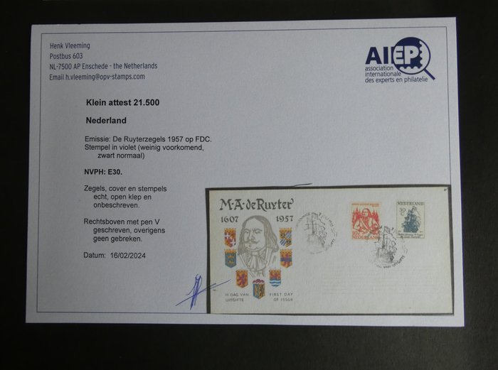 Holland 1957 - De Ruyter stempler på blank FDC med inspektionsattest. - NVPH E30