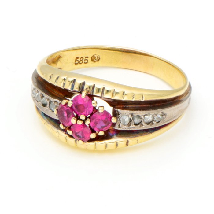 Ring - 14 karat Gulguld -  0.28ct. tw. Rubin - Diamant