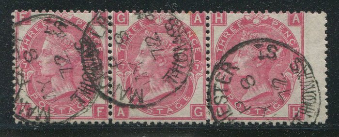 Storbritannien 1867 - 3 pentallerken 7 strimmel af tre - Stanley Gibbons nr 103 plate 7