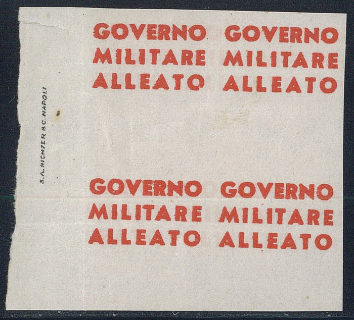 angloamerikansk besættelse 1943 - Napoli - Test af "Allied Military Government" overprint i rødt. Raybaudi Cert.