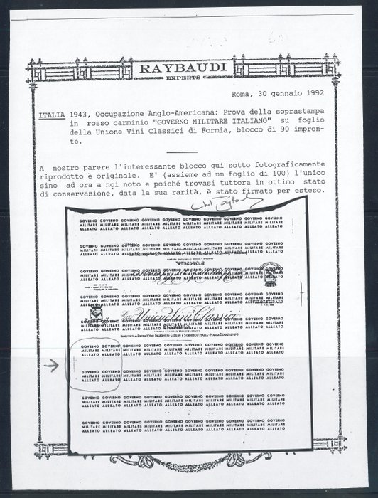 angloamerikansk besættelse 1943 - Napoli - Test af "Allied Military Government" overprint i rødt. Raybaudi Cert.