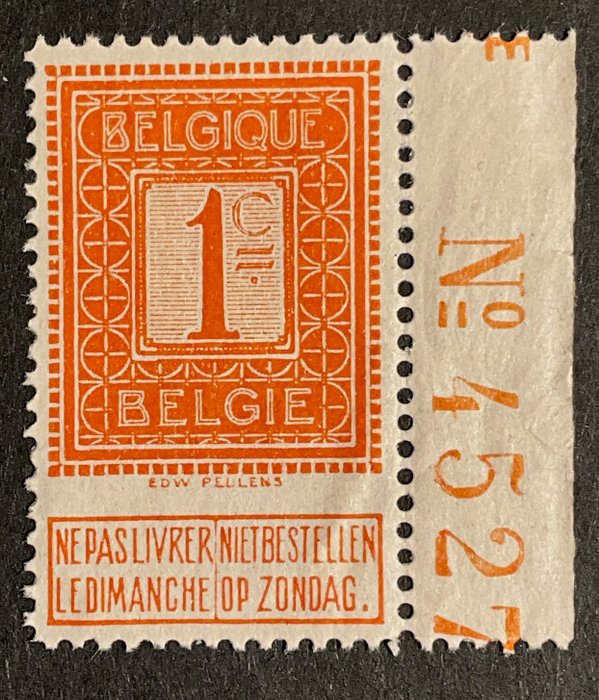 Belgien 1912 - Albert I Issue Pellens - 1c værdi figur - CURIOSITY "Uperforeret mellem stempel og slip" - OBP 108 - Cu