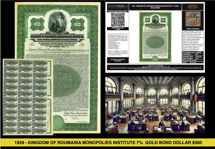 Rumænien - 500 Dollar Bond - 1926 - Kingdom of Roumania Monopolies Institute 7% Gold Bond  (Ingen mindstepris)