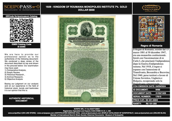 Rumænien - 500 Dollar Bond - 1926 - Kingdom of Roumania Monopolies Institute 7% Gold Bond  (Ingen mindstepris)