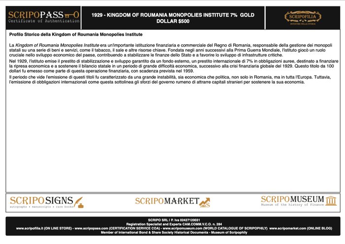 Rumænien - 500 Dollar Bond - 1926 - Kingdom of Roumania Monopolies Institute 7% Gold Bond  (Ingen mindstepris)