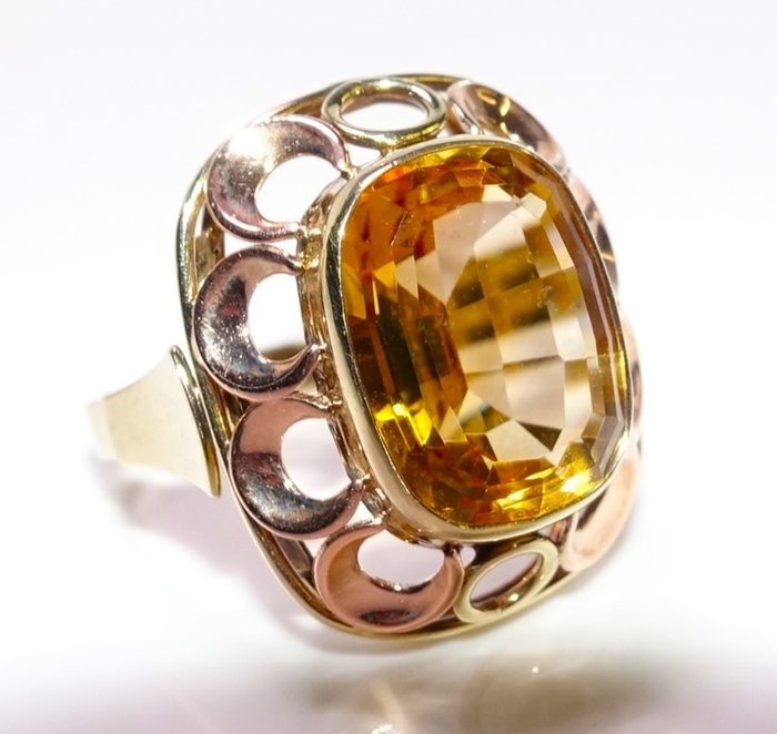 Ring - 14 karat Gulguld, Rosaguld -  4.70ct. tw. Citrin - Størrelse 56 kan ændres