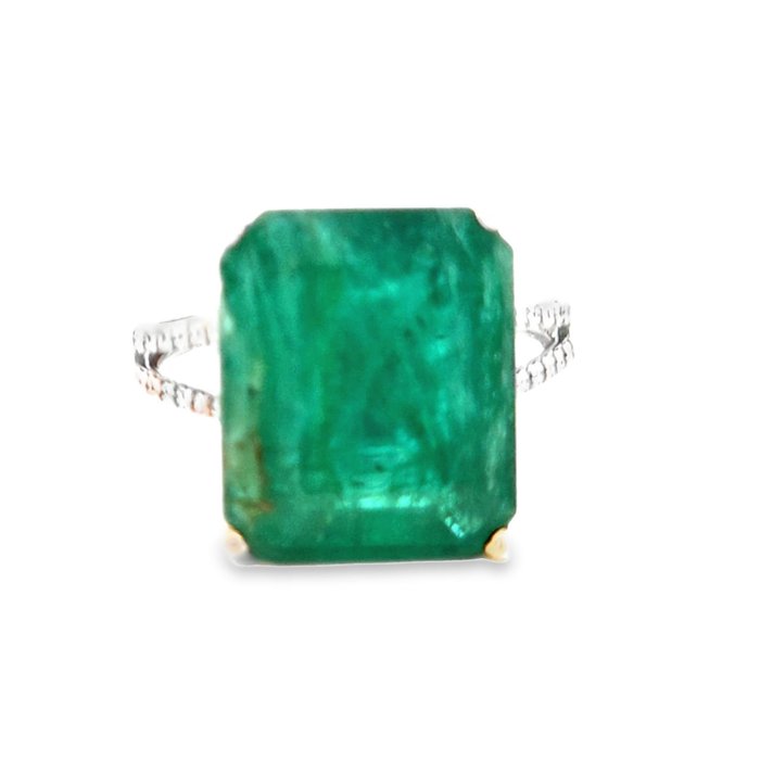 Ring - 14 karat Hvidguld -  9.75ct. tw. Smaragd - Diamant - Eksklusiv Emerald ring