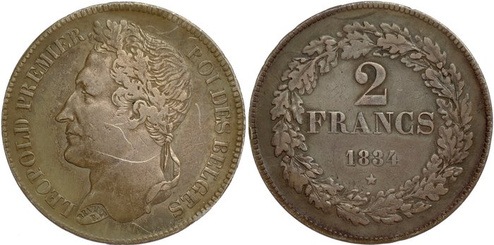 Belgien. Leopold 1.. 2 Francs 1834 - position A ///// - First year of issue - LOW MINTAGE - RARE