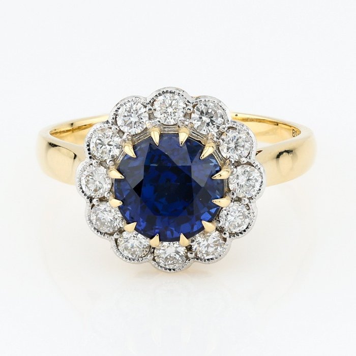 [GRS Certified] - (Royal Blue Sapphire) 2.50 Cts - (Diamond) 0.53 Cts (12) Pcs - 18 kraat Tofarvet - Ring