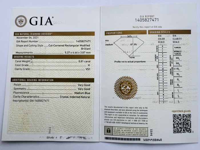 Ingen mindstepris - 1 pcs Diamant  (Natur)  - 0.81 ct - Radiant - H - VS1 - Gemological Institute of America (GIA) - *VG*