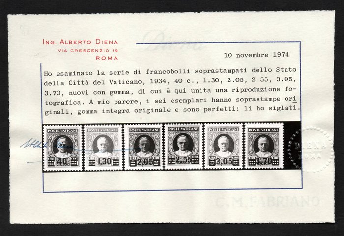 Vatikanstaten 1934 - MIDLERTIDIG med intakt original MNH gummi fremragende centrering certificeret af ALBERTO DIENA - Sassone NN 35/40