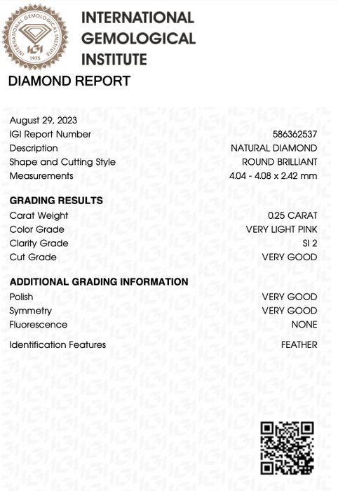 1 pcs Diamant - 0.25 ct - Rund - very light pink - SI2