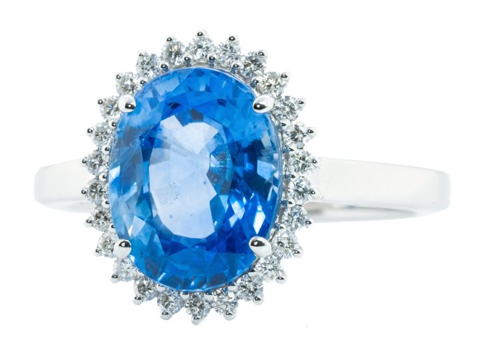 Ingen mindstepris - Ring - 18 kraat Hvidguld, 'Cornflower Blue' (Ceylon) -  4.09ct. tw. Safir - Diamant - 0,24 ct - VS