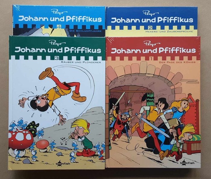 Johann und Pfiffikus Band 1 bis 4 (originalverpackt) - "Der Page des Königs" "Hexerei und Zaubersprüche" "Räuber und Plünderer" "Die Schlumpfjahre" - 4 Album