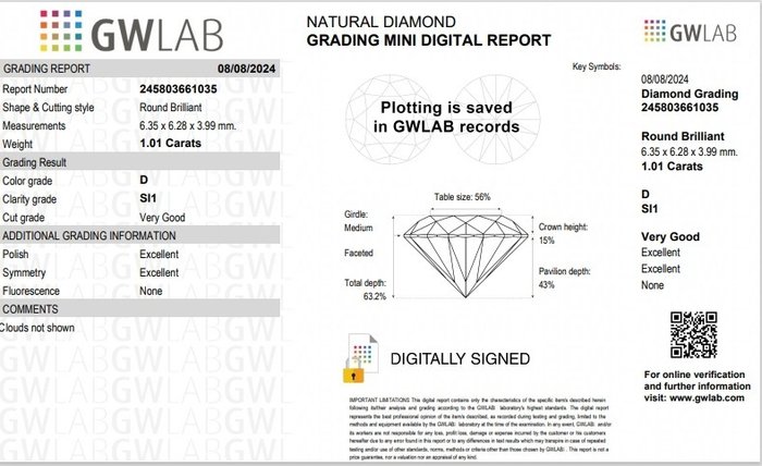 Ingen mindstepris - 1 pcs Diamant  (Natur)  - 1.01 ct - Rund - D (farveløs) - SI1 - Gemewizard Gemological Laboratory (GWLab)