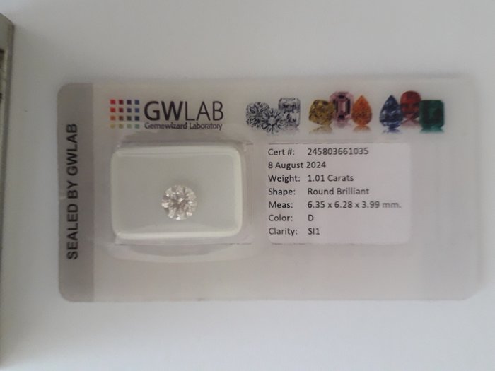 Ingen mindstepris - 1 pcs Diamant  (Natur)  - 1.01 ct - Rund - D (farveløs) - SI1 - Gemewizard Gemological Laboratory (GWLab)