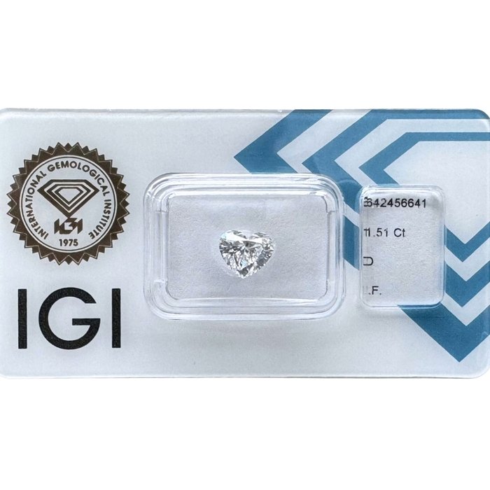 1 pcs Diamant  (Natur)  - 1.51 ct - Hjerte - D (farveløs) - IF - International Gemological Institute (IGI) - Top hjerte diamant