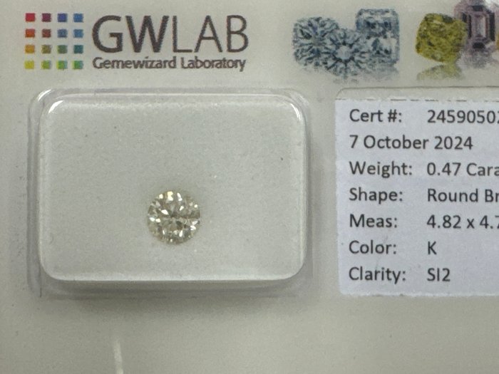 Ingen mindstepris - 1 pcs Diamant  (Natur)  - 0.47 ct - Rund - K - SI2 - Gemewizard Gemological Laboratory (GWLab)