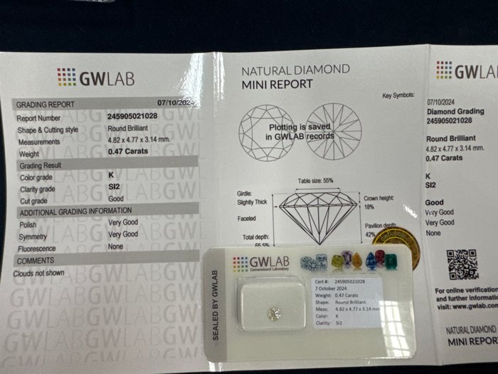 Ingen mindstepris - 1 pcs Diamant  (Natur)  - 0.47 ct - Rund - K - SI2 - Gemewizard Gemological Laboratory (GWLab)